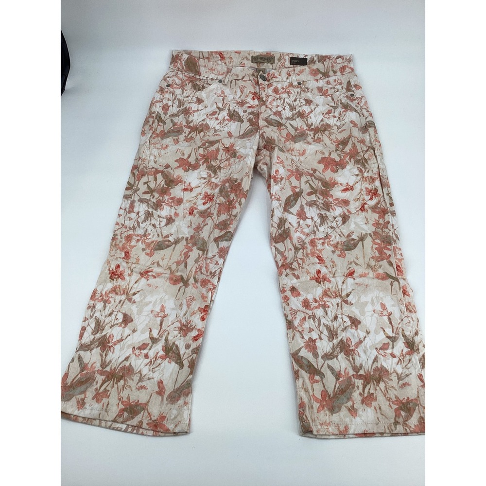 Vintage America Blues Boho Floral Crop Jeans Coral Peach Botanical Size 16/33